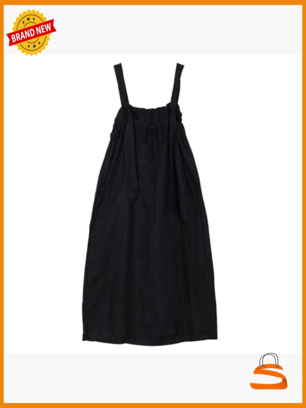 100% Linen Square Neck Sleeveless Tie Strap Midi Dress with Pockets - Picture 4 of 7